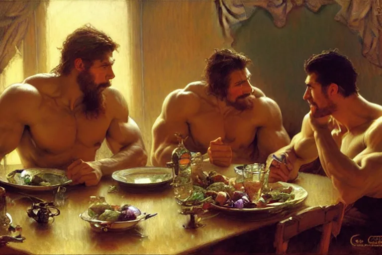 Image similar to 2 muscular attractive men having dinner, painting by gaston bussiere, craig mullins, greg rutkowski, alphonse mucha