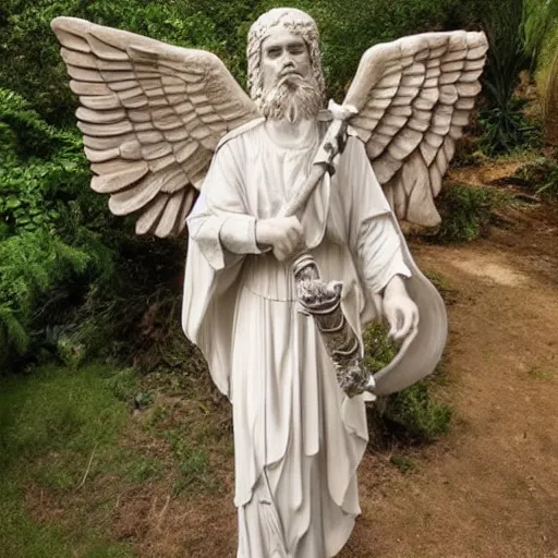 Image similar to an awe inspiring photo of a biblically accurate seraphim, holding a giant, rotatingz flaming sword, guarding the entrance to garden of eden.