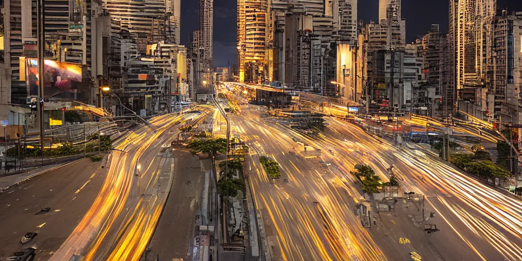 Prompt: Avenida Paulista at night, Sao Paulo city, with a full view of MASP, cyberpunk, very detailed, digital art