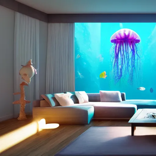 Image similar to the realistic photo of the modern room as aquarium with a big jellyfish and beautiful corals, sharks, under the ocean, realistic colors, realistic shadows, daylight made in blender, hd, 3 d by beeple by greg rutkowski and damian hirst