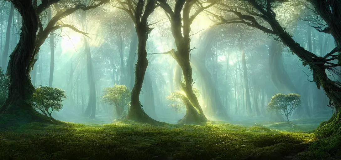 Prompt: beautiful view of a mystical forest with winding branches, landscape, glow, will - o - the - wisp, symmetrical, unreal engine, dramatic lighting, ultra detailed, ambient occlusion, slight bloom, illumination, soft lighting, crepuscular rays, ray tracing, vibrant, vivid colors, beautiful, by noah bradley and jordan grimmer