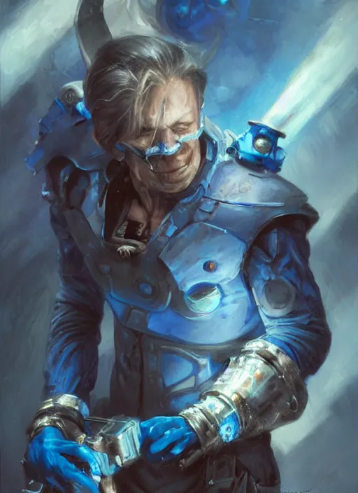 Prompt: a crazed blue skinned kobalt artificer painted by raymond swanland