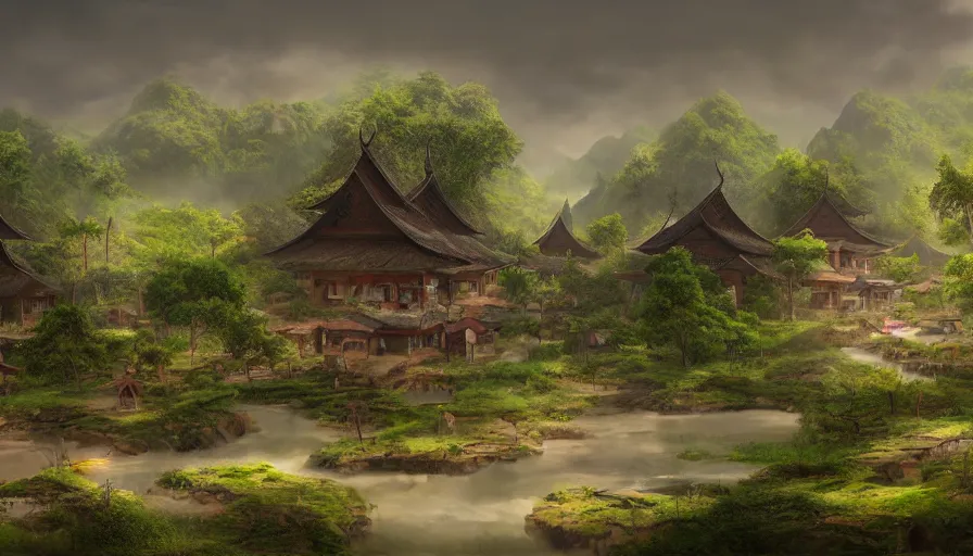 Image similar to matte painting of a beautiful tai yai village, digital art, trending on artstation