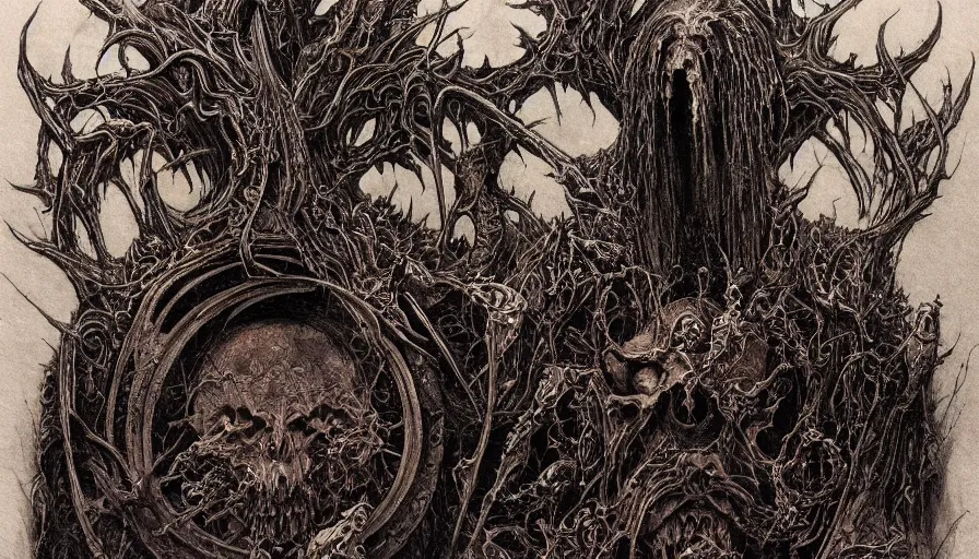 Image similar to Scorn themed drawing of unholy darkness black metal logo concept, intricate artwork by H.R. Giger, Johnatan Wayshak, Zdizslaw Beksinski, Ayami Kojima, Amano, Karol Bak, Moebius, and Mark Brooks, Neo-Gothic, gothic, rich deep colors, art by Takato Yamamoto, masterpiece, face by Artgerm, very coherent artwork, cinematic, hyper realism, high detail, octane render, unreal engine, 8k, High contrast, golden ratio, trending on cgsociety