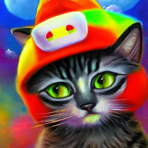 Image similar to A beautiful oil painting of a Kawaii Cat wearing a Super Mario Hat, nintendo, box art, intricate, volumetric lighting, summer, hyperrealistic, colorful, hyperdetailed.