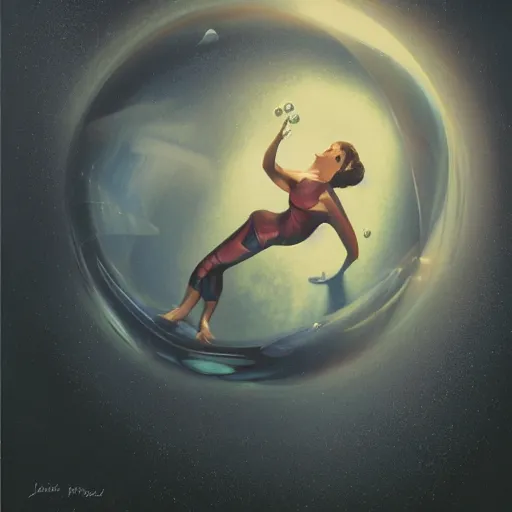 Image similar to portrait of a woman in flight suit plunging into an abyss, bubbles, currents, dyson sphere, wet reflections, prism, atmospheric, ambient, pj crook, syd mead, livia prima, artgerm, greg rutkowski, nick alm, casey baugh