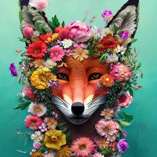 Image similar to made of flowers, made of flowers, made of flowers, fox made of flowers, fantasy art, trending on artstation, beautiful art, intricate, elegant, highly detailed, digital painting