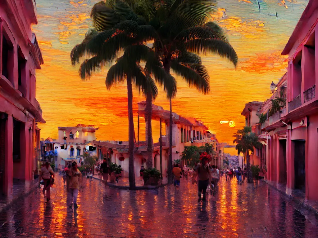 Image similar to of an impressionist oil painting of a sunset in the street of old san juan in puerto rico, hyper - detailed, 8 k, cinematic, octane render, by greg rutkowski