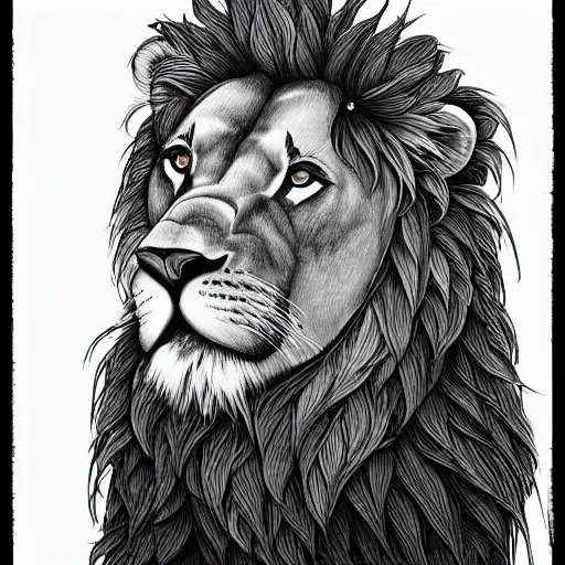 Prompt: a philosophical lion, an ultrafine detailed painting by james jean, high contrast greyscale, behance contest winner, vanitas, angular, altermodern