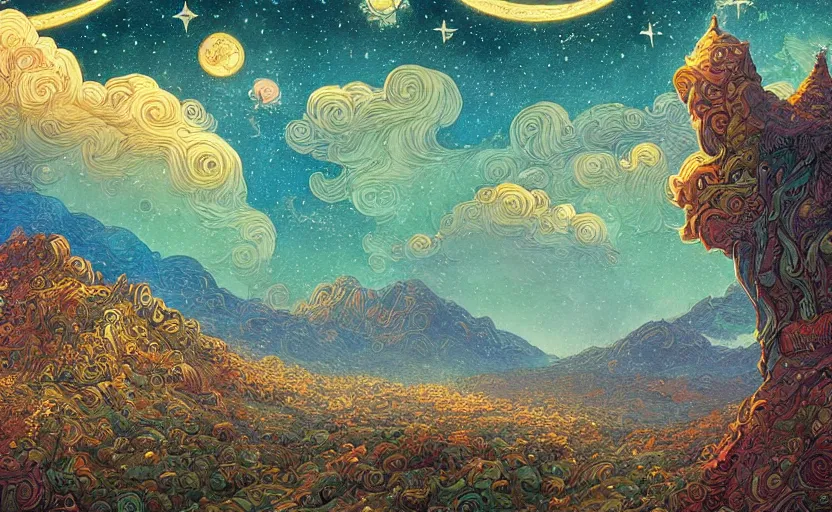 Prompt: mountains, stars and paisley filled sky, artstation, intricate, highly detailed, digital painting, concept art, sharp focus, illustration by Benjamin Lacombe and Ivan Bilibin