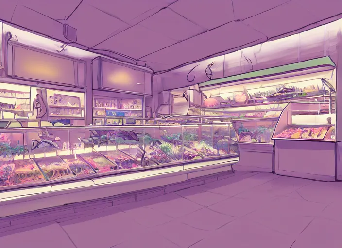 Image similar to placid pastel deep cozy moody cluttered painterly fluffy tiny cramped pet store counter, aisles of aquariums, slanted ceiling, tiny space, particulate, trending on pixiv