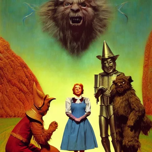 Image similar to Wizard of oz movie poster, by lawrence alma-tadema and zdzislaw beksinski and norman rockwell and jack kirby and tom lovell and greg staples, artstation creature art