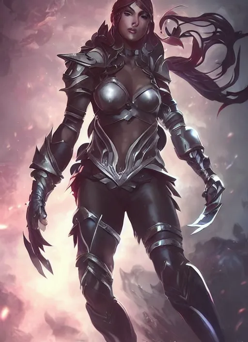 Image similar to poster!! beautiful new female character for league of legends, character concept art, action pose, illustration, full body armor, steel plating, huge weapon, super powers, athletic, symmetry, intricate design, shiny, highly detailed, hd, dramatic lighting, art by artgerm and greg rutkowski