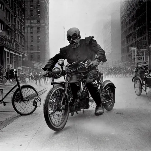 Image similar to old black and white photo, 1 9 1 3, depicting a ghost rider rampaging through the bustling streets of new york city, historical record