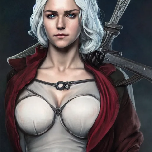 Image similar to cirilla as cosplayer at comic con, half - opened shirt!!, ultra realistic, pretty face, extremely detailed face!!, anatomically correct!!, symmetrical!!!, concept art, intricate details, highly detailed, photorealistic, octane render, 8 k, unreal engine. art by artgerm and greg rutkowski and alphonse mucha