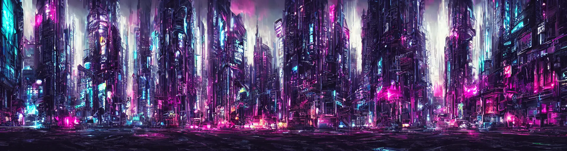 Image similar to gothic cyberpunk cityscape, neon, chrome