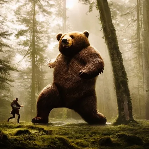 Image similar to a giant bear-shaped lovecraftian monster running quickly through a woodland, scary bear monster, 4 arms, magical forest, fantasy, Ireland, England, king Arthur, Lord of the rings, cinematic, realistic style, beautiful, majestic, dramatic lighting, early morning, dawn CGsociety, realistic, hyper maximalist, golden ratio, octane render, rule of thirds, wide shot , 8k resolution, epic volumetric light, cinematography, concept art, Artstation trending, environments, fantasy