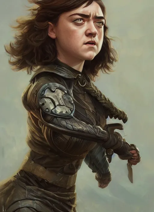 Image similar to angry Maisie Williams as a ruggedly muscled handsome heroine, intricate, elegant, highly detailed, centered, digital painting, artstation, concept art, smooth, sharp focus, illustration, artgerm, donato giancola, Joseph Christian Leyendecker, WLOP, Artgerm