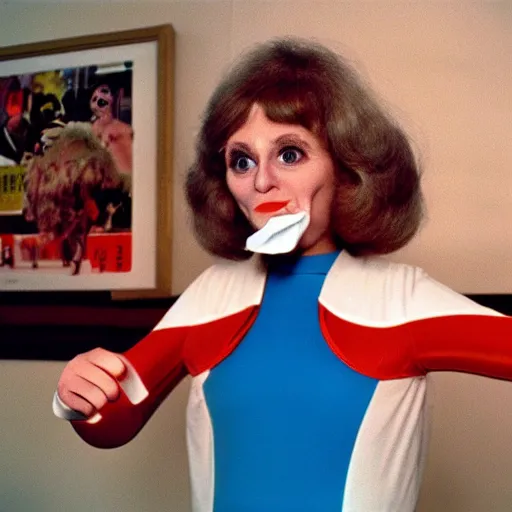 Prompt: 1976 woman wearing an inflatable plastic nose, soft color, wearing a leotard 1976 holding a hand puppet, color film 16mm Almodovar John Waters Russ Meyer Doris Wishman old photo