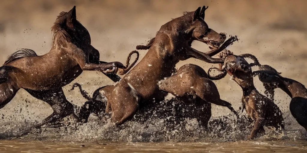 Image similar to national geographic photo of horse full of octopus being eaten by african hunting dogs