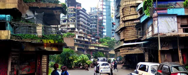 Image similar to streets of mumbai, future, mossy buildings