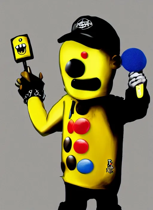 Prompt: yellow mnm candy mascot dressed as rapper eminem holding microphone, digital art, hd