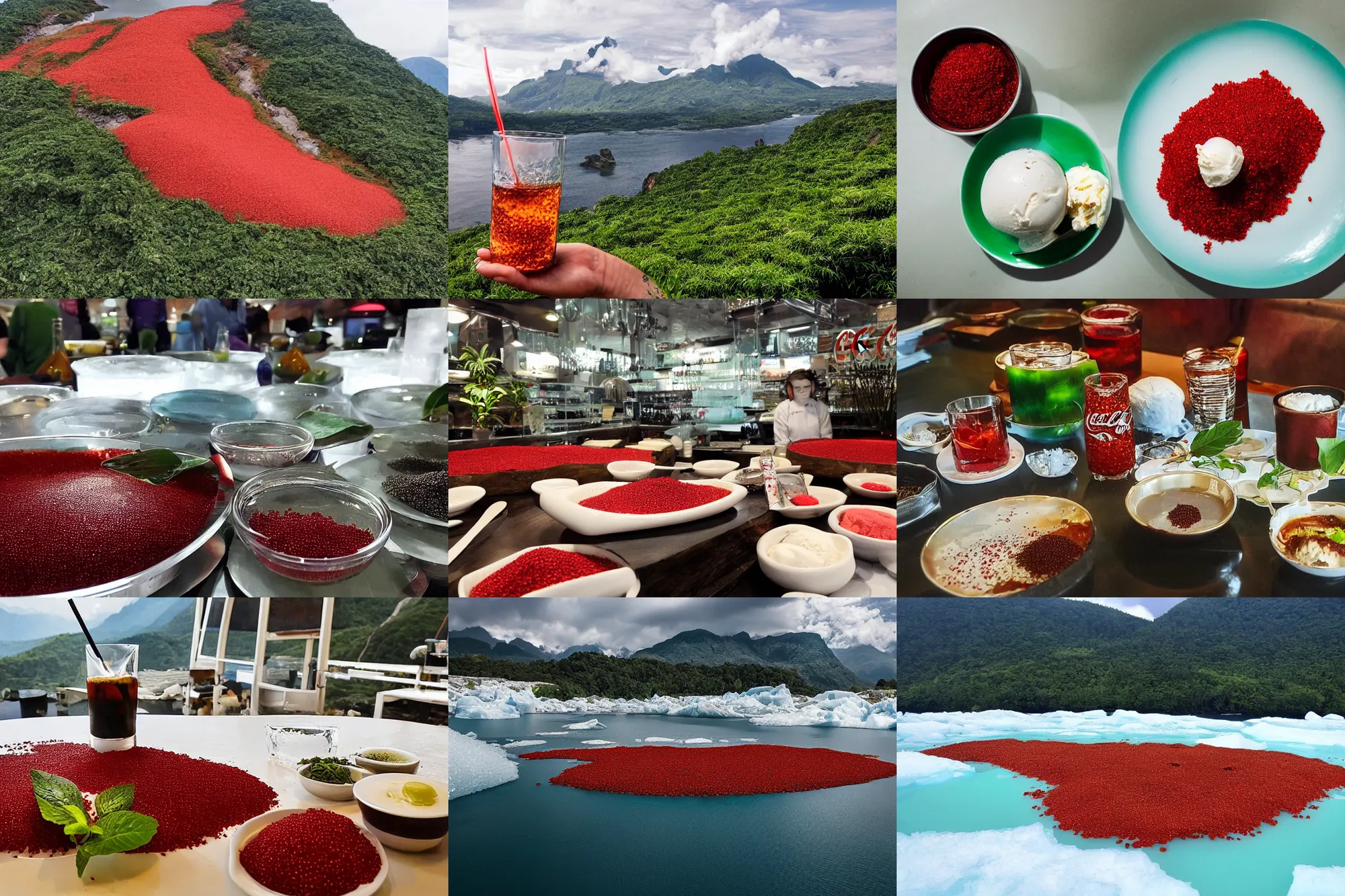 Prompt: a large island of red caviar in the center of which there are mountains with ice cream ( green house ingredient sdn bhd ), instead of coca cola water ( barley tea - boricha or mugicha, salt lakritssglass med bjornbar 2, brown water, cold brew coffee ), no restaurant