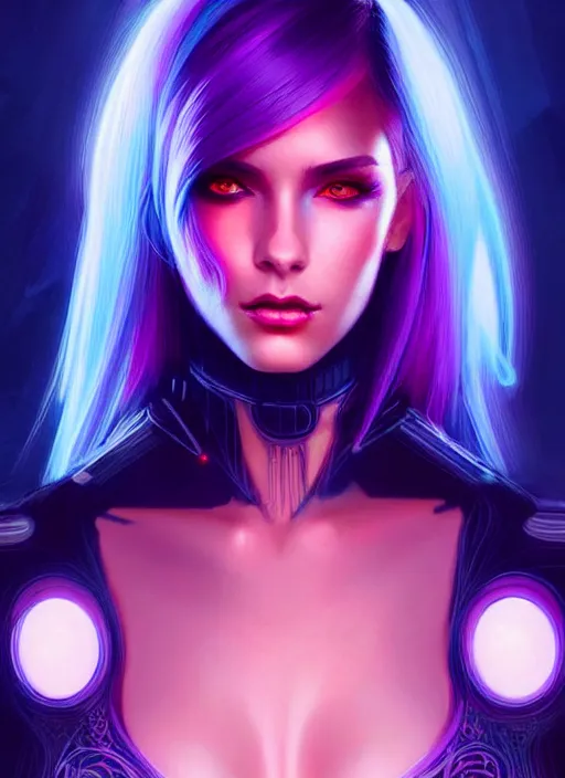 Image similar to portrait of female humanoid with dyed hair, intricate, elegant, cyber neon lights, highly detailed, digital illustration, artstation, pinterest, glamor pose, concept art, smooth, sharp focus, art by artgerm and greg rutkowski