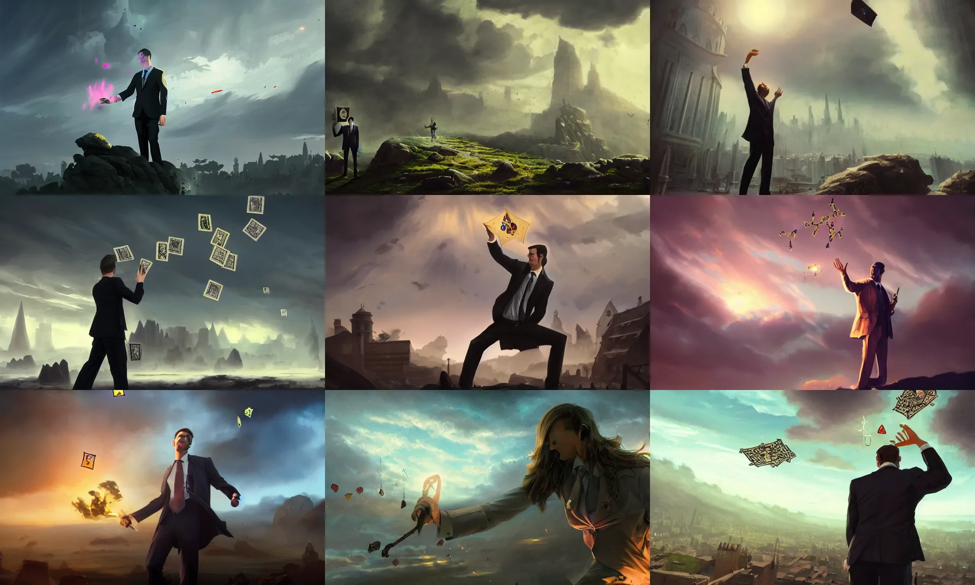 Prompt: accountant in suit casting spells with tarot cards, throwing cards in the air, tarot cards, tarot, landscape, cinematic view, epic sky, detailed, concept art, low angle, high detail, warm lighting, volumetric, godrays, vivid, beautiful, trending on artstation, jordan grimmer, huge scene, greg rutkowski