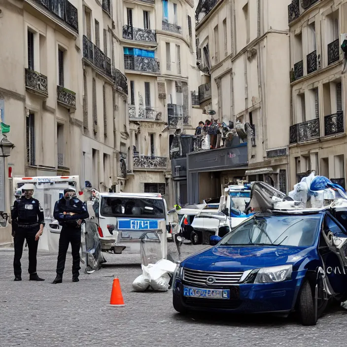 Prompt: car in the form of a space horse, police collecting evidence on a crime scene in a Parisian apartment, Sigma 70mm f/2.8 DG DN Art