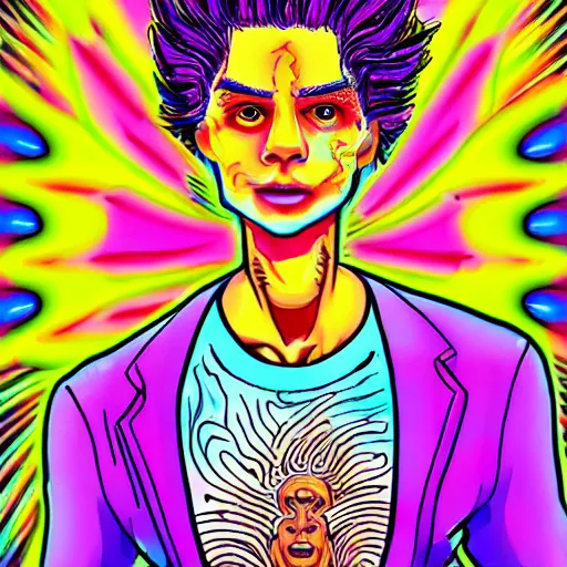 Prompt: a psychedelic young godlike humanoid, hyper detailed, in the style of rutkowski and junji ito and bob ross and lisa frank, selfie