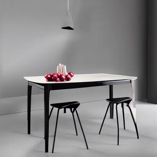 Image similar to cherry wood and black plastic table, modern style, magazine photograph, realistic