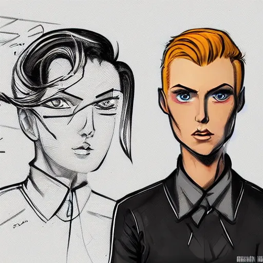 Image similar to character concept art of heroic stoic emotionless butch blond handsome woman engineer with very short slicked - back butch hair, narrow eyes, wearing atompunk jumpsuit, retrofuture, science fiction, mike mignogna, digital art