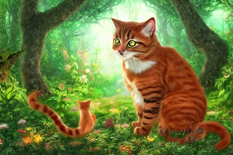 Image similar to a cat in a forest, highly detailed, digital art, trending on artstation, backlighting, by kawacy, by wayne mclouglin, by don bluth, by ken sugimori, by louis wain, fan art