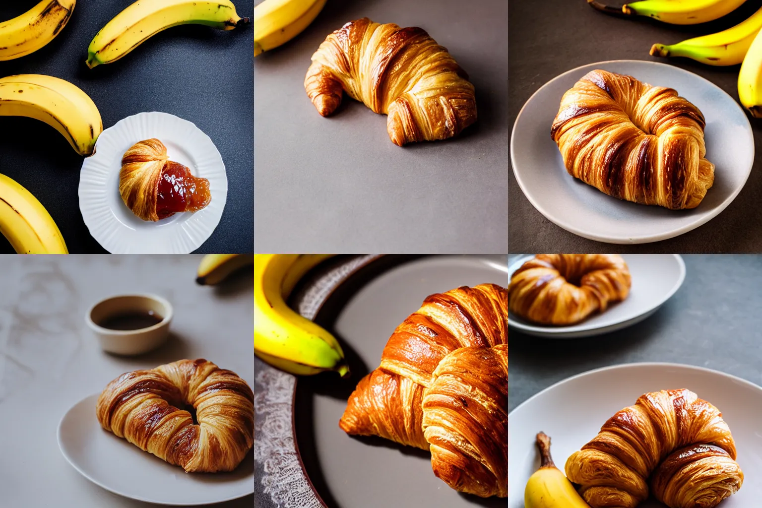 Prompt: A photo of a croissant with banana jam, 40mm food photography