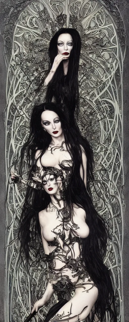 Image similar to striking sensual gorgeous grindcore art nouveau portrait of morticia addams as a goregrind death metal rebel by chris achilleos, giger, simon bisley and alphonse mucha, photorealism, extremely hyperdetailed, perfect symmetrical facial features, perfect anatomy, ornate declotage, weapons, circuitry, high technical detail, determined expression, piercing gaze