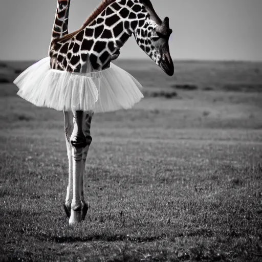 Prompt: professional photography of a giraffe ballet dancer in a tutu on the savannah