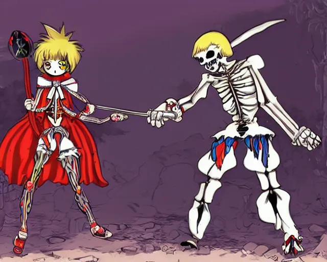 Prompt: anime clown girl warrior fighting a skeleton