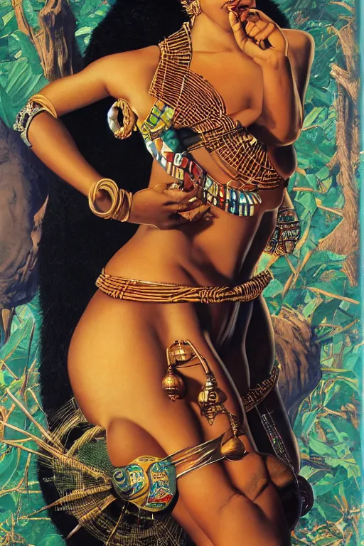 Image similar to an african goddess queen in 2 3 0 0 by gil elvgren and norman rockwell and rob gonsalves and hajime sorayama, hyperrealistic, high detail