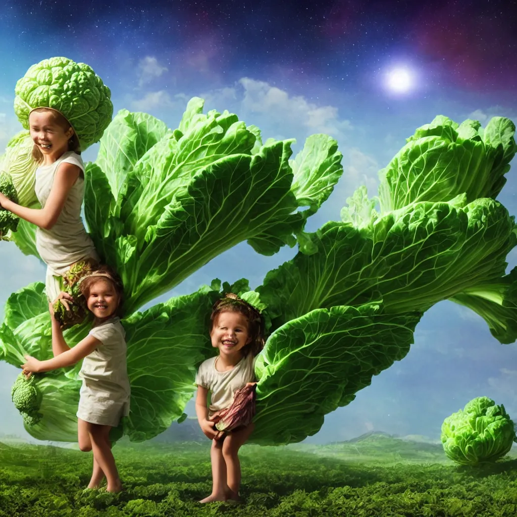 Image similar to happy child carrying a cabbage on her head, cosmic sci fi landscape with farm and vegetables growing, semi realistic comic, octane render, artist Dr Zeus harmonious integration+8k