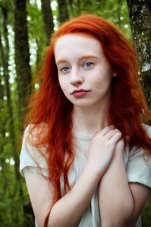 Prompt: close-up portrait of a red-haired girl 20 years old with freckles, green eyes, natural beauty in a magical gloomy forest among fireflies, 35mm photo, high quality, 4K, 8K, realistic, perfect eyes, perfect face, beautiful, detailed, 8k resolution, Kodak 35mm