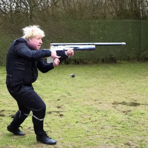 Image similar to Boris Johnson playing paintball, he is losing