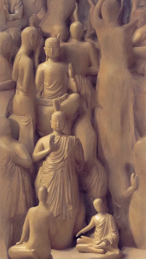 Image similar to a crowd of people pray a rabbit budda statue by john singer sargent