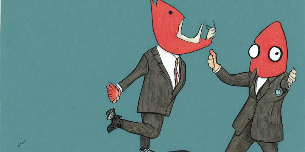 Image similar to an anthropomorphic fish wearing a suit giving a thumbs up, by lisa hanawalt, by wanda gag