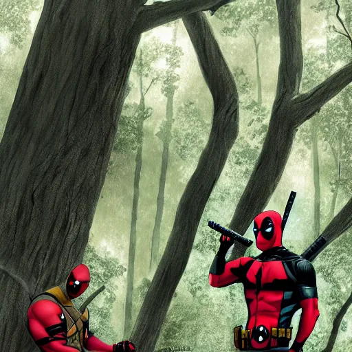 Prompt: deadpool and batman in the woods digital art 4 k detailed super realistic