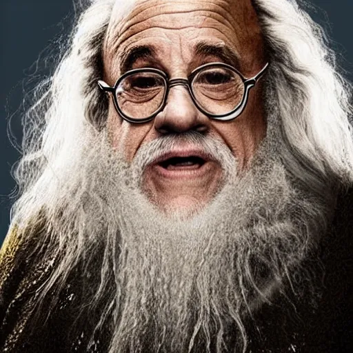 Image similar to danny devito starring as gandalf the white in the 2 0 2 4 lord of the rings movie, full body, hyper realistic, high quality, wide angle