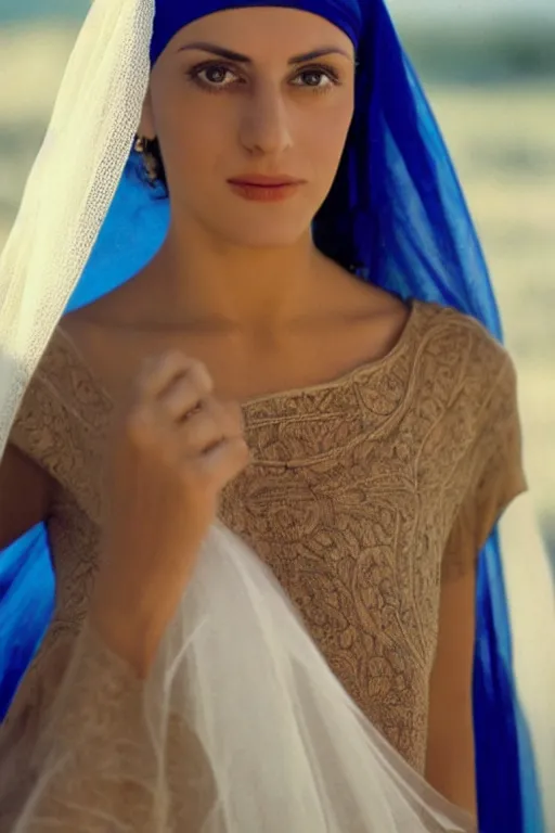 Image similar to young Monica Belluci as an Arab woman, tanned skintone, bright blue eyes, white transparent veil, headscarf, light blue long sleeves dress, closeup portrait, focus face