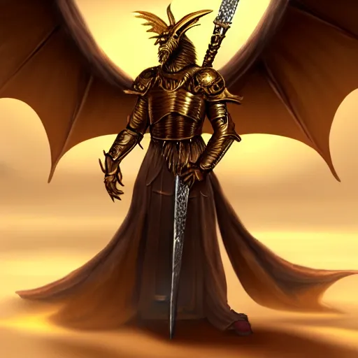 Prompt: an anthro winged dragon in a golden medieval armor, holding a sword, digital art, fantasy art, matte painting, trending on Artstation