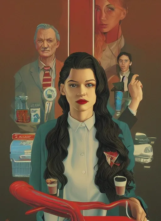 Prompt: Twin Peaks poster artwork by Michael Whelan, Bob Larkin and Tomer Hanuka, Karol Bak of Zendaya is a high school student working at the diner wearing waitress dress, from scene from Twin Peaks, simple illustration, domestic, nostalgic, from scene from Twin Peaks, clean