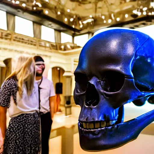 Image similar to Human skull in a museum with robotic tourists looking at it, alien language, science fiction